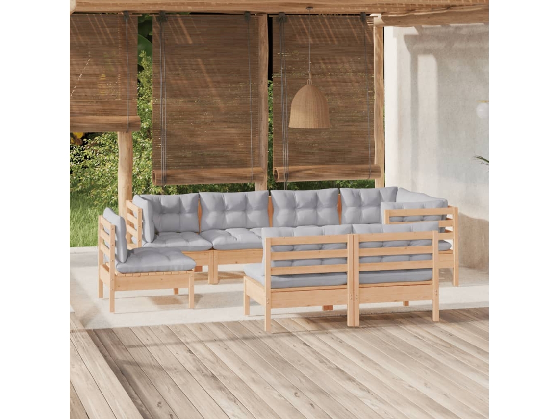 8 Piezas Conjunto Lounge De Jardim Almofadões Cinza Pinho Maciço Dkd Decoración Del Hogar