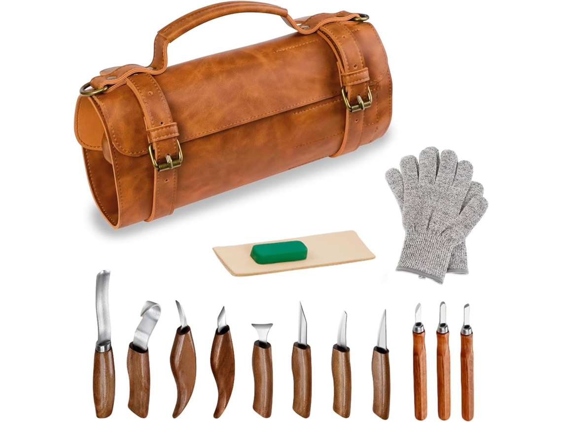 Kit de tallado de madera: 8 cuchillos, 3 cuchillos de precisión, guantes resistentes a cortes, pulidor y bolsa de cuero Zeuxo.