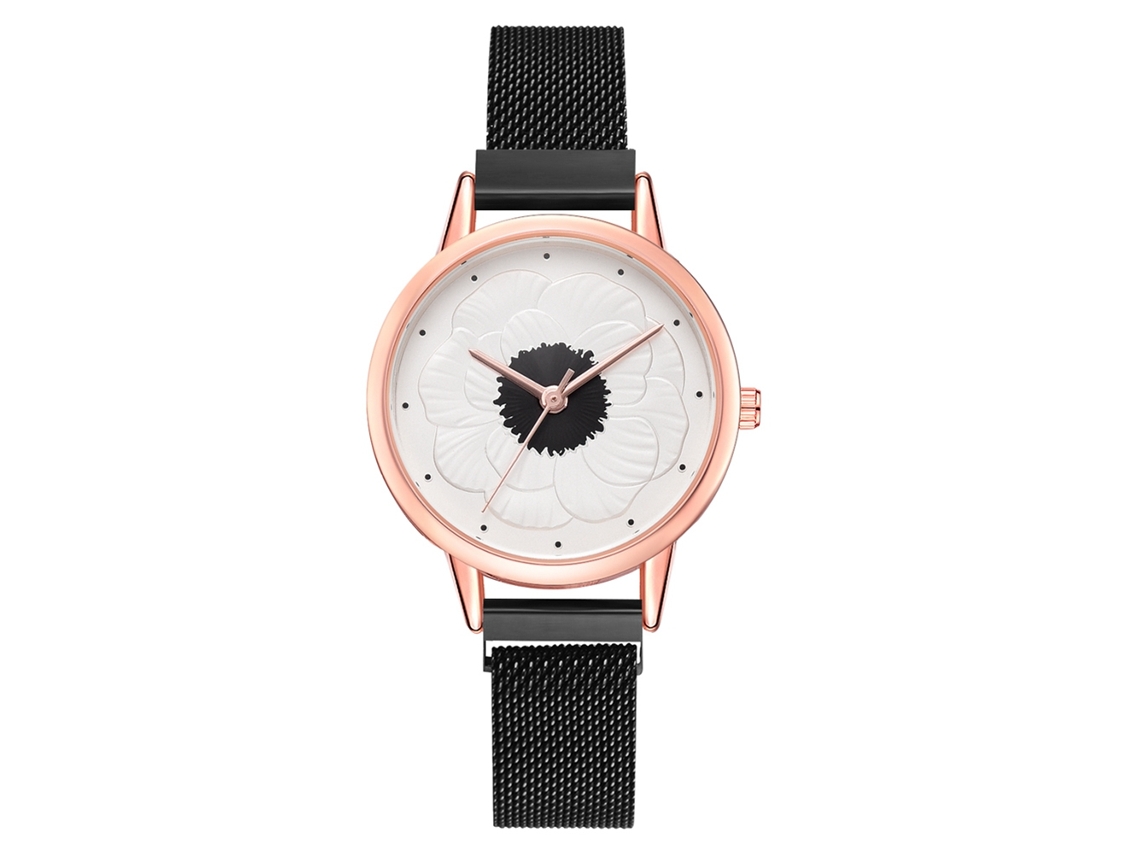 Reloj De Pulsera De Cuarzo Para Mujer Con Correa De Malla Alliage Y Esfera Floral Negra.