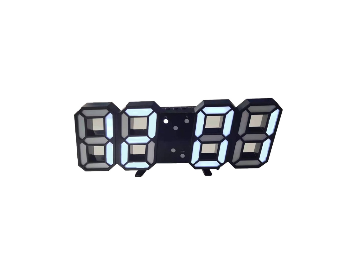 Reloj de pared LED 3D minimalista con alarma para el hogar, la sala de estar y la oficina, con fuente negra y letras blancas.