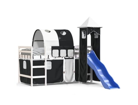 Cama alta niños VIDAXL con torre madera pino blanco negro (90x200 cm)