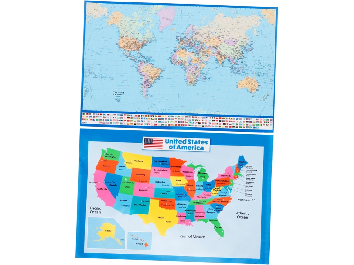 Póster Educativo: Mapa Del Mundo Grande Y Mapa De Los Estados - Para Niños Y Niñas