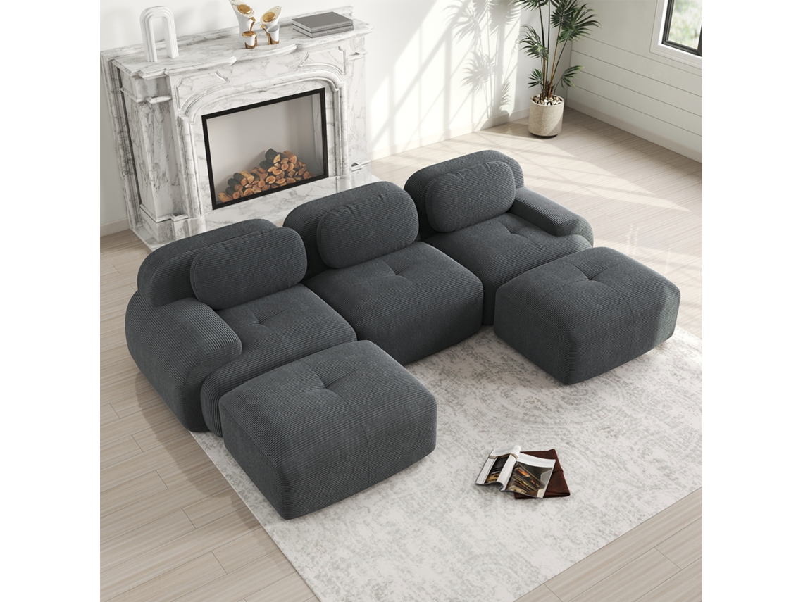 Sofá Modular En U De Terciopelo Acanalado Premium, Sin Estructura, Antideslizante, Sin Montaje, Brazos Anchos, Color Gris