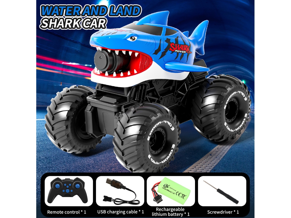 Coche RC anfibio con forma de tiburón, resistente al agua, alcance de 10 m, cañón de agua automático de 150 ml, tanque de 2,4 GHz, color azul. Aeuzwr