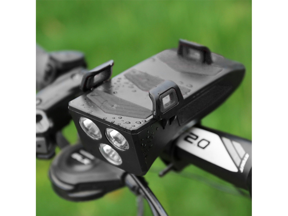 Luz Para Bicicleta 4 En 1 Con Bocina, Soporte Para Teléfono Móvil Y Batería Externa Usb Recargable. Resistente Al Agua, 250 Lúmenes.