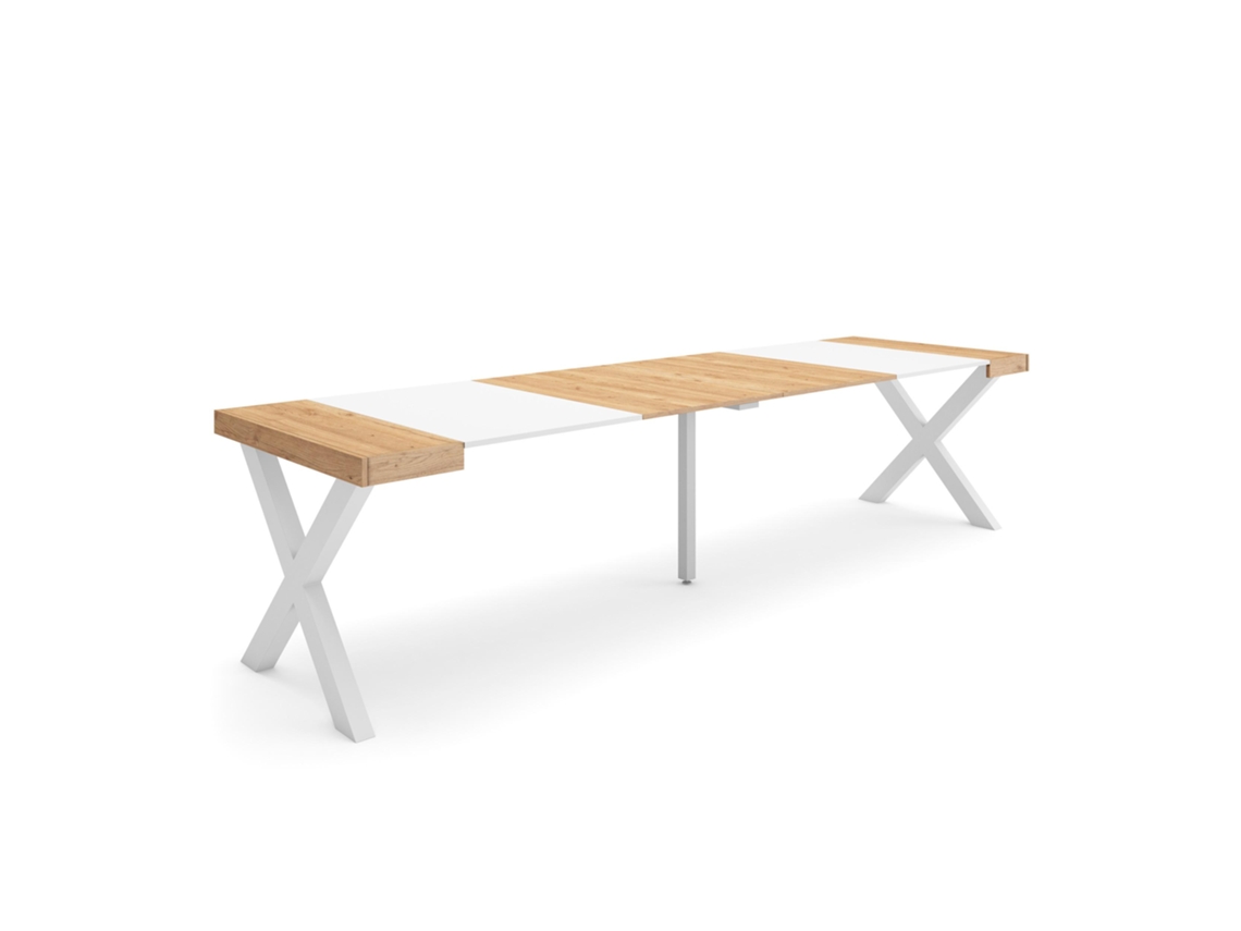 Mesa Consola extensible 300 Para 14 comensales Patas madera maciza Roble y blanco