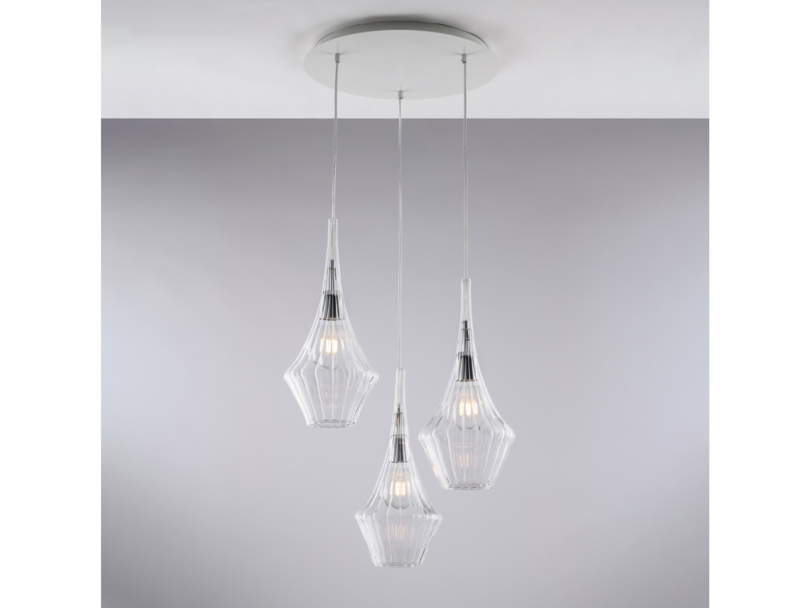 Zeus - Suspensión De Hierro Con Cristal Pyrex Transparente 3 Luces 149 - Ø50 - Bl270-s3-tr