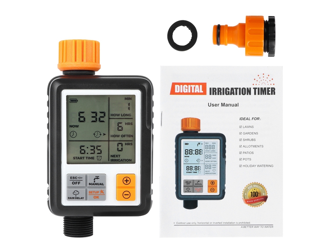 Temporizador electrónico inteligente con pantalla LCD para jardín con riego automático.