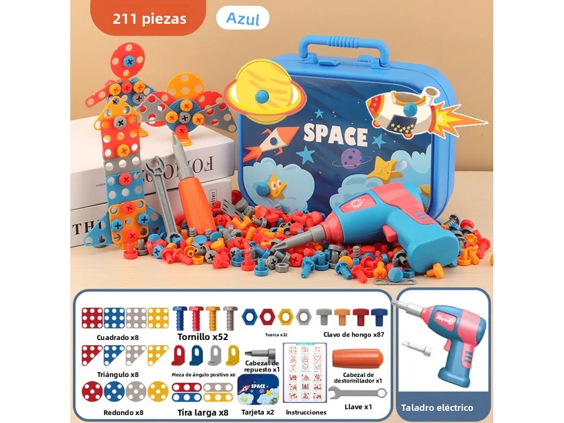 (azul, 211 Piezas) Juego De Herramientas De Bricolaje Para Niños: Brocas Eléctricas, Tornillos, Tuercas, Rompecabezas