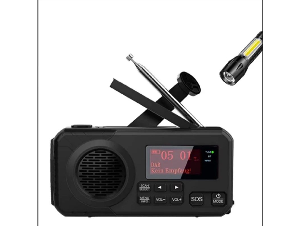 Radio digital Viewleaf DAB/DAB/FM con batería externa de 5000 mAh, manivela y carga solar, linterna, lámpara y alarma SOS para camping.