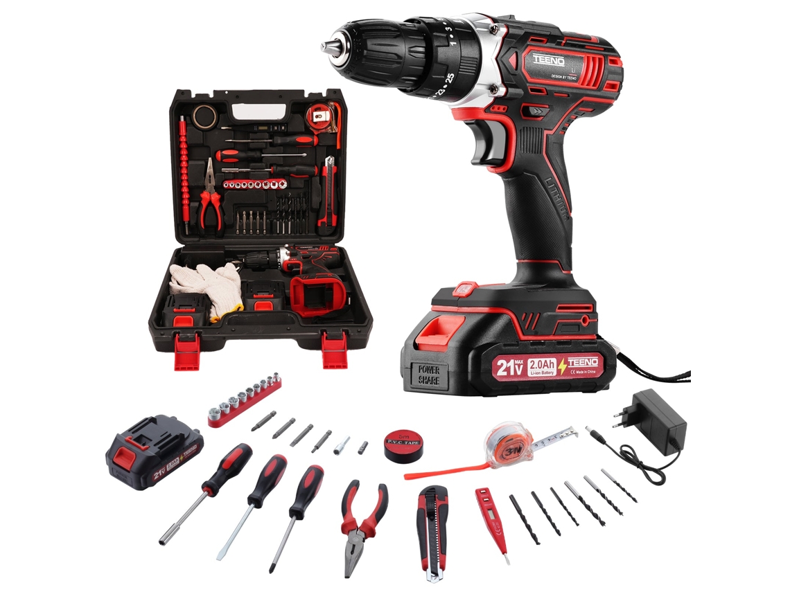 Taladro Atornillador Inalámbrico 21 V Compatible Con Baterías Makita 2 X 2,0 Ah, 45 Nm, 25+1 Ajustes De Par, 2 Velocidades, 46 Accesorios Y Maletín