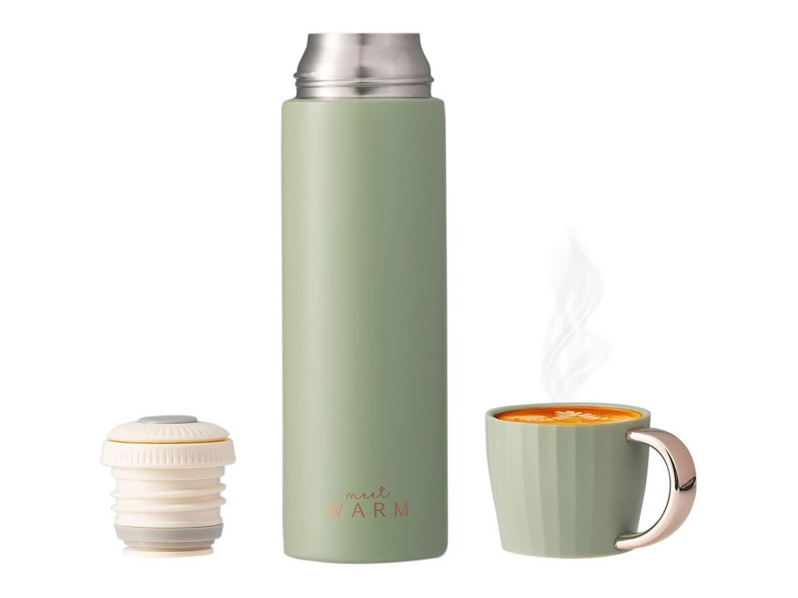 2026-27765-termo De Vacío Con Taza, 500ml Verde Claro, Anti-fugas, Acero Inoxidable 304, Mantiene Caliente Y Frío 8-12 Horas