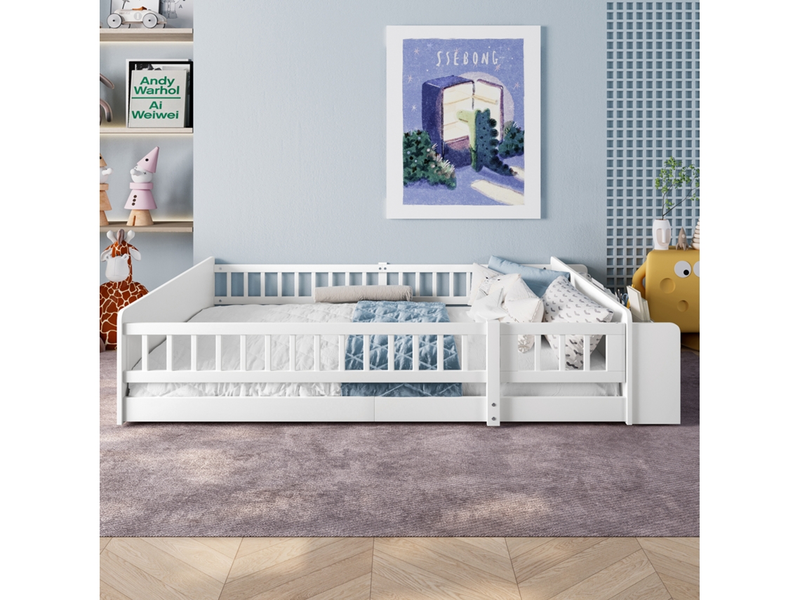 Cama Infantil 140x200cm, Pino Macizo, Estantes Abiertos, Puerta Con Seguro, Capacidad 200kg, Sin Colchón, Blanco