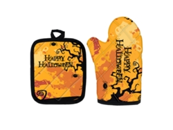 Tapete aislante y guantes multicolores para hornear en Halloween