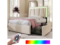 Cama Tapizada De 90x200 Cm Con Iluminación Led, Cabecero Regulable, 2 Cajones, Somier De Láminas, Color Beige (colchón No Incluido).