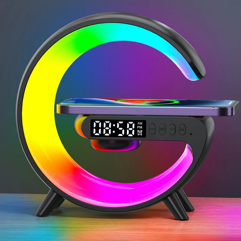 (negro) Luz Nocturna Rgb Con Despertador Multifuncional, Altavoz Bluetooth Y Cargador Inalámbrico De 15 W