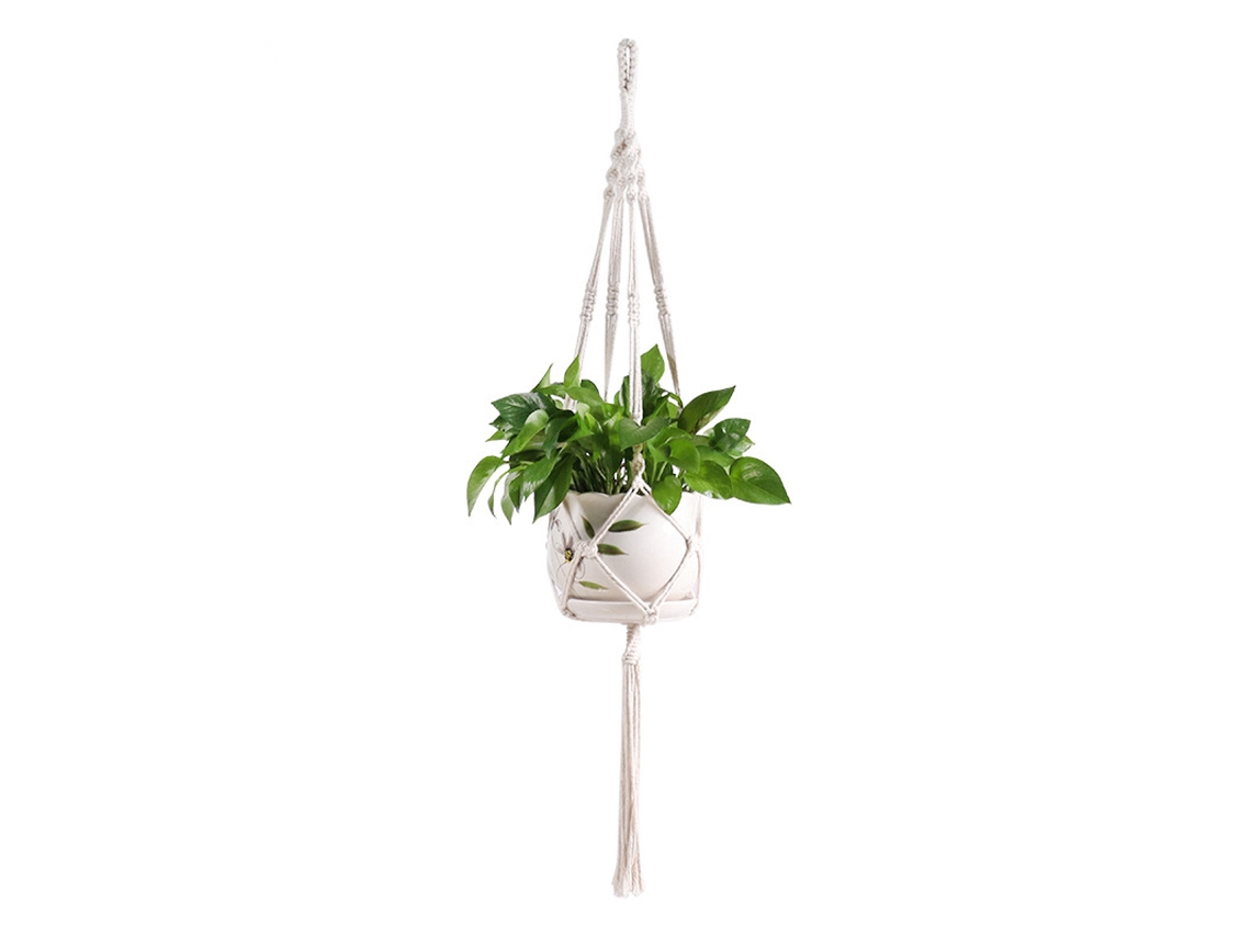 Cuerda de yute y macramé hecha a mano, resistente y duradera, para colgar plantas de interior y exterior, con diseño flexible y maceta ajustable.