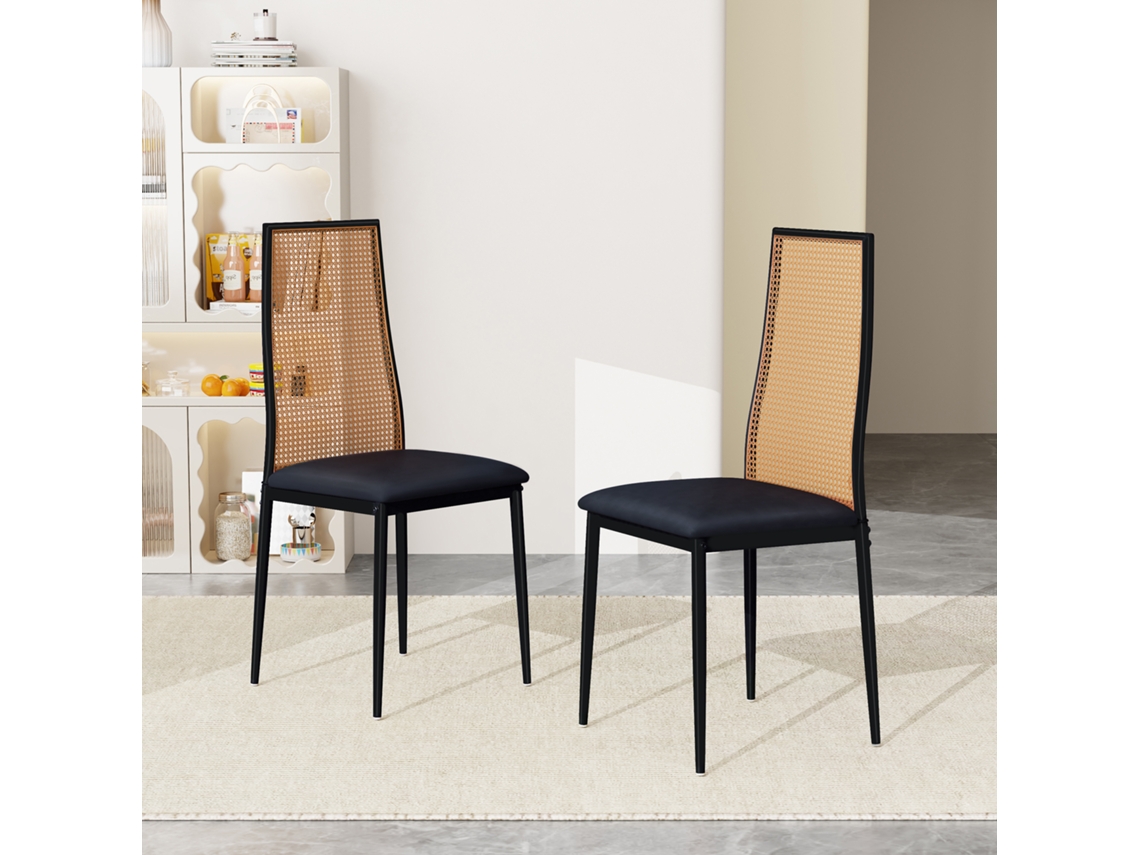 Sillas De Comedor Simurq Mimbre Tejido A Mano Juego De 2, Asiento Negro 48cm, Ergonómico, Pies Ajustables Para Cocina Y Salón Modernos