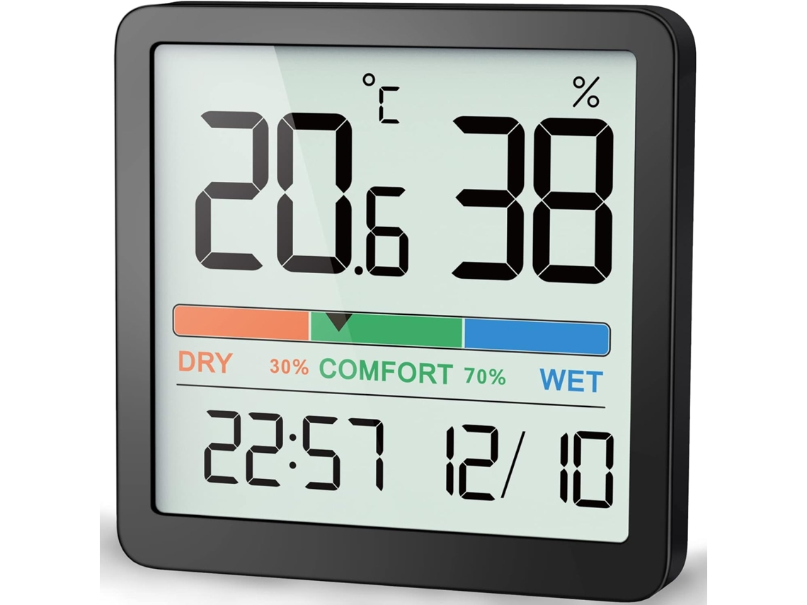 Termómetro e higrómetro de interior (negro), termómetro digital con función de monitorización de temperatura y humedad.