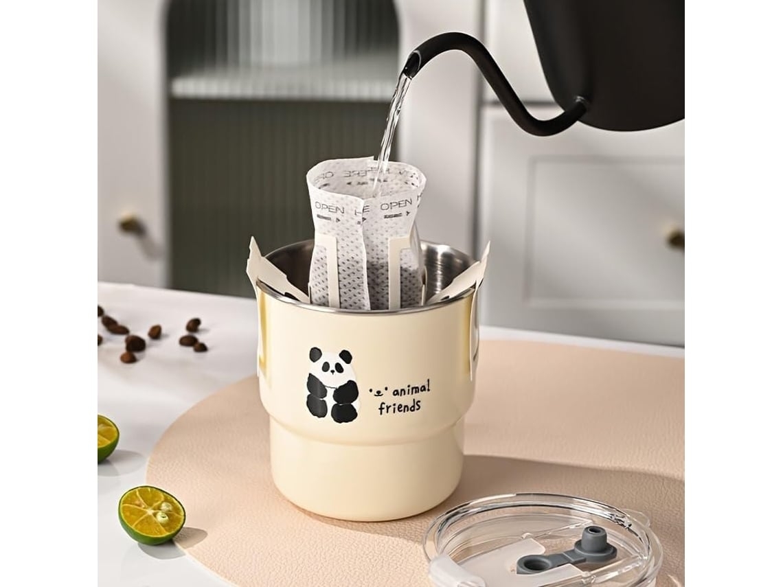 Vaso de acero inoxidable con aislamiento de Panda Animal Friends, con tapa y pajita, 355 ml, Gusshious amarillo