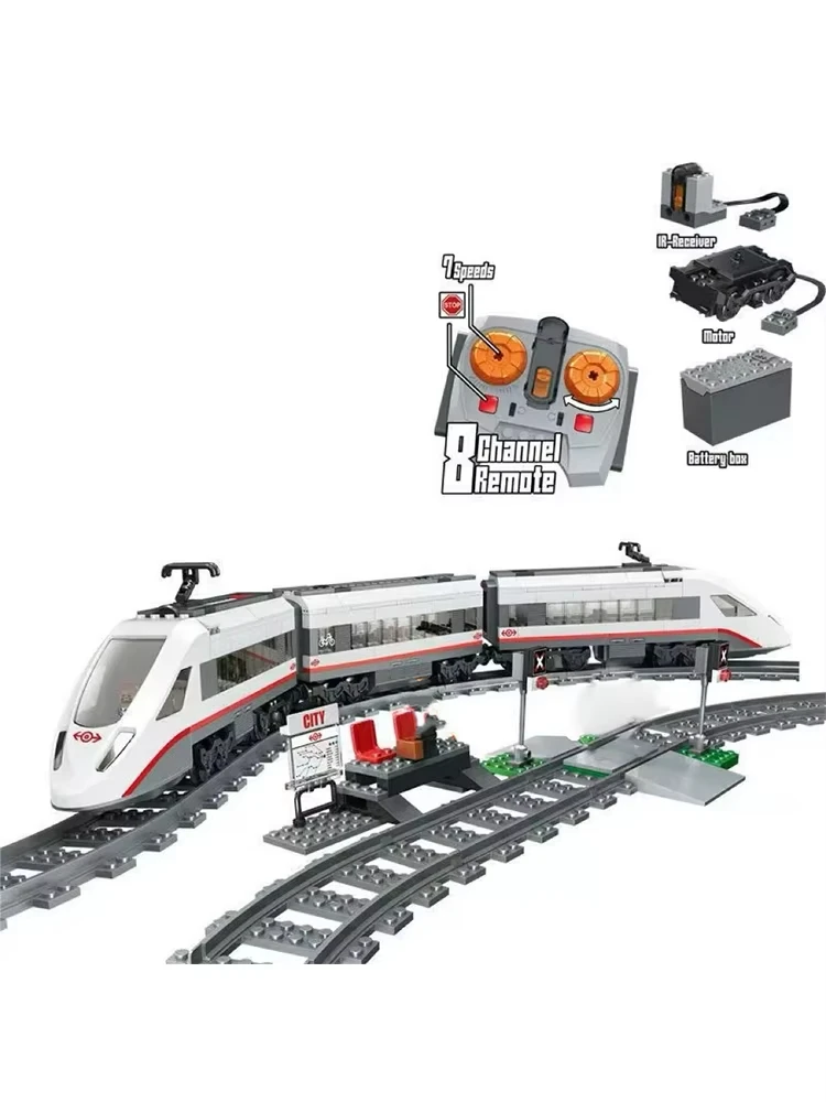 Tren de pasajeros de alta velocidad controlado por control remoto, juguete educativo para niños hecho de bloques de construcción.
