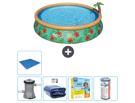 Piscina Hinchable Redonda Fast Set BESTWAY - Estampado Paraíso - 457 x 84 cm - Bomba Incluida Vela solar - Paquete de mantenimiento - Filtrar - Suelo