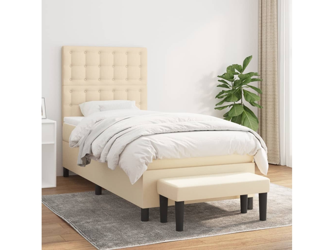 Cama Box Spring Con Colchón Tela Color Crema 90x200 Cm