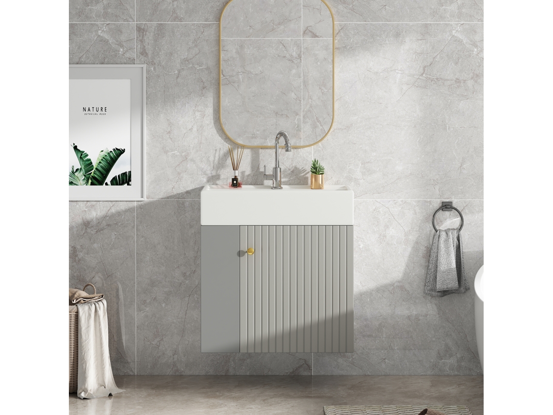 Mueble De Baño Suspendido Con Lavabo Cuadrado - 4 Compartimentos - Gris (grifo No Incluido)