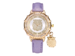 Reloj De Pulsera Para Mujer Con Colgante De Búho Y Diamantes De Imitación, Correa De Piel Sintética Morada.