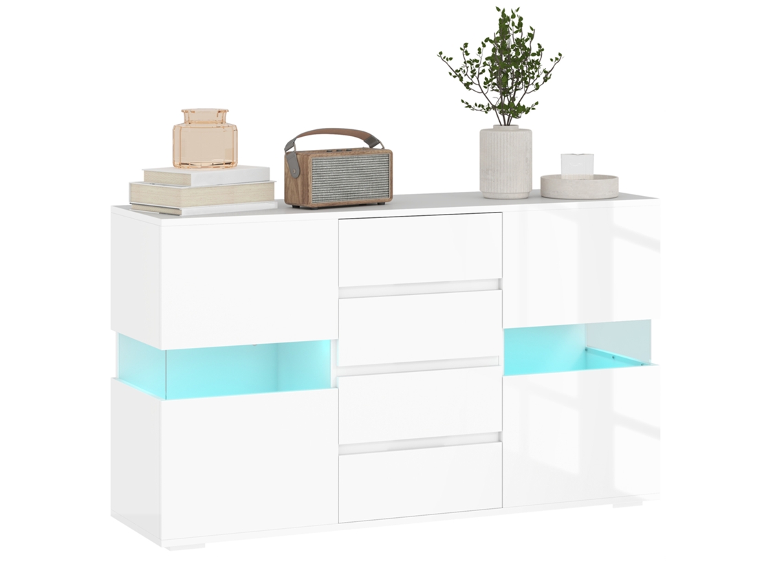 Aparador moderno con luces LED ajustables, mando a distancia, 4 cajones y 2 armarios.