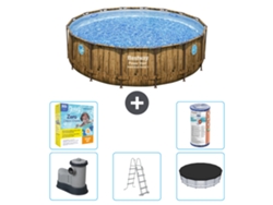 Piscina BESTWAY Round Power Steel Swim Vista - Impresión en madera - 488 x 122 - Incluye bomba - Escalera - Cubierta Accesorios CB33