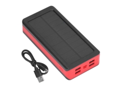 Cargador portátil solar LED de 30000 mAh, modelo 2026, con 4 puertos USB para carga rápida y 3 modos de iluminación para escalada (rojo).