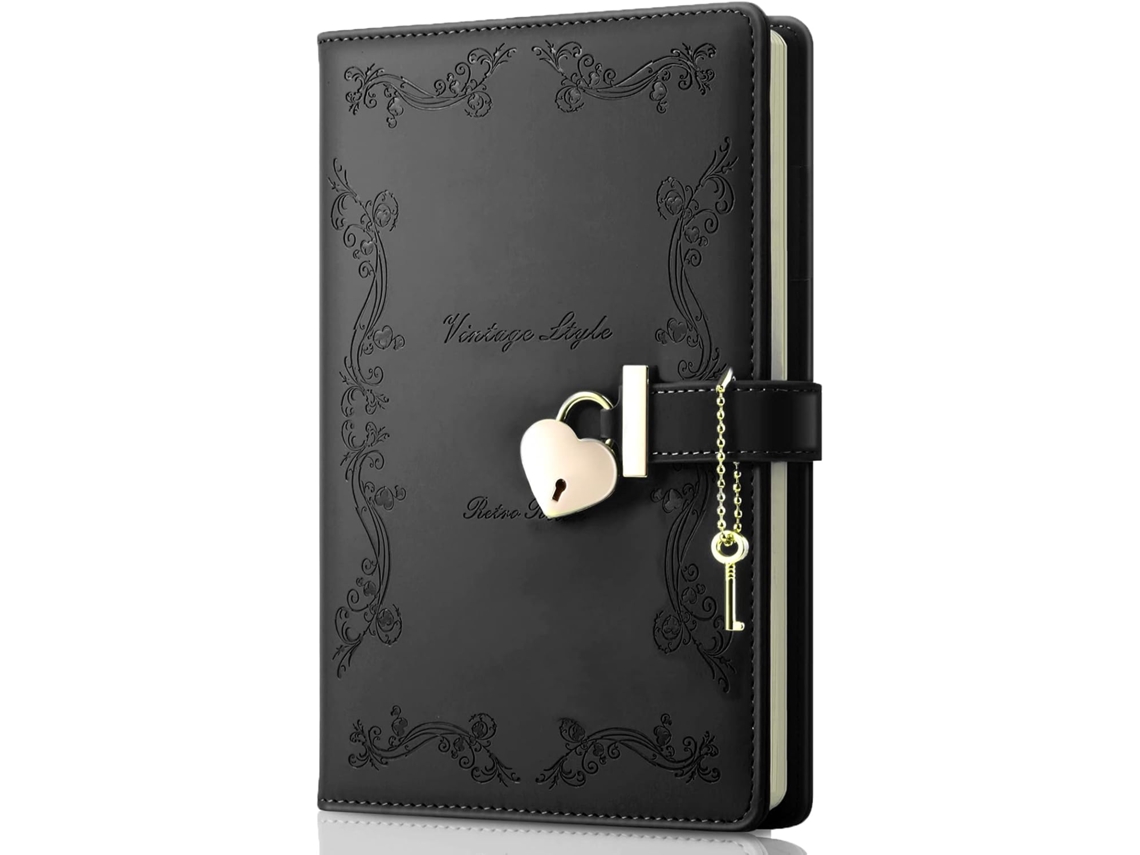 Diario de mujer con candado, cuaderno vintage A5 de piel sintética, color negro Gertiz (180 hojas)