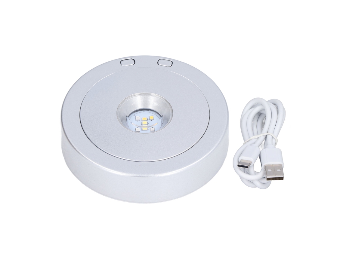 Base de exhibición LED USB con luz RGB giratoria para botellas, joyas y manualidades.