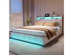 Cama Almacenable 140x190 Cm, Lamas, Luz Led, Usb, Cabecero Tapizado 4 Cajones, Lino Gris Adultos Adolescentes Rosahqnda