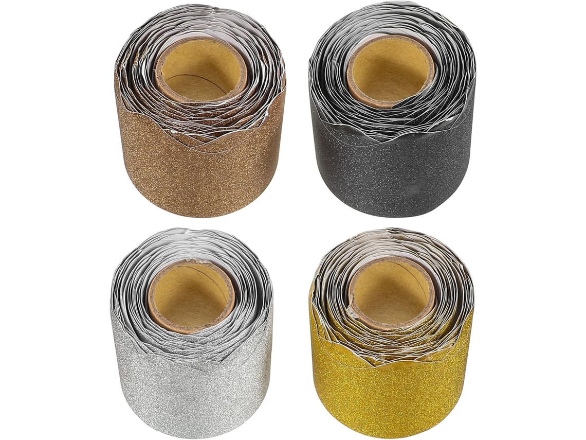 Bordes Festoneados Para Tablones De Anuncios, 4 Rollos De Papel Decorativo De 10 M, Negro Y Dorado.