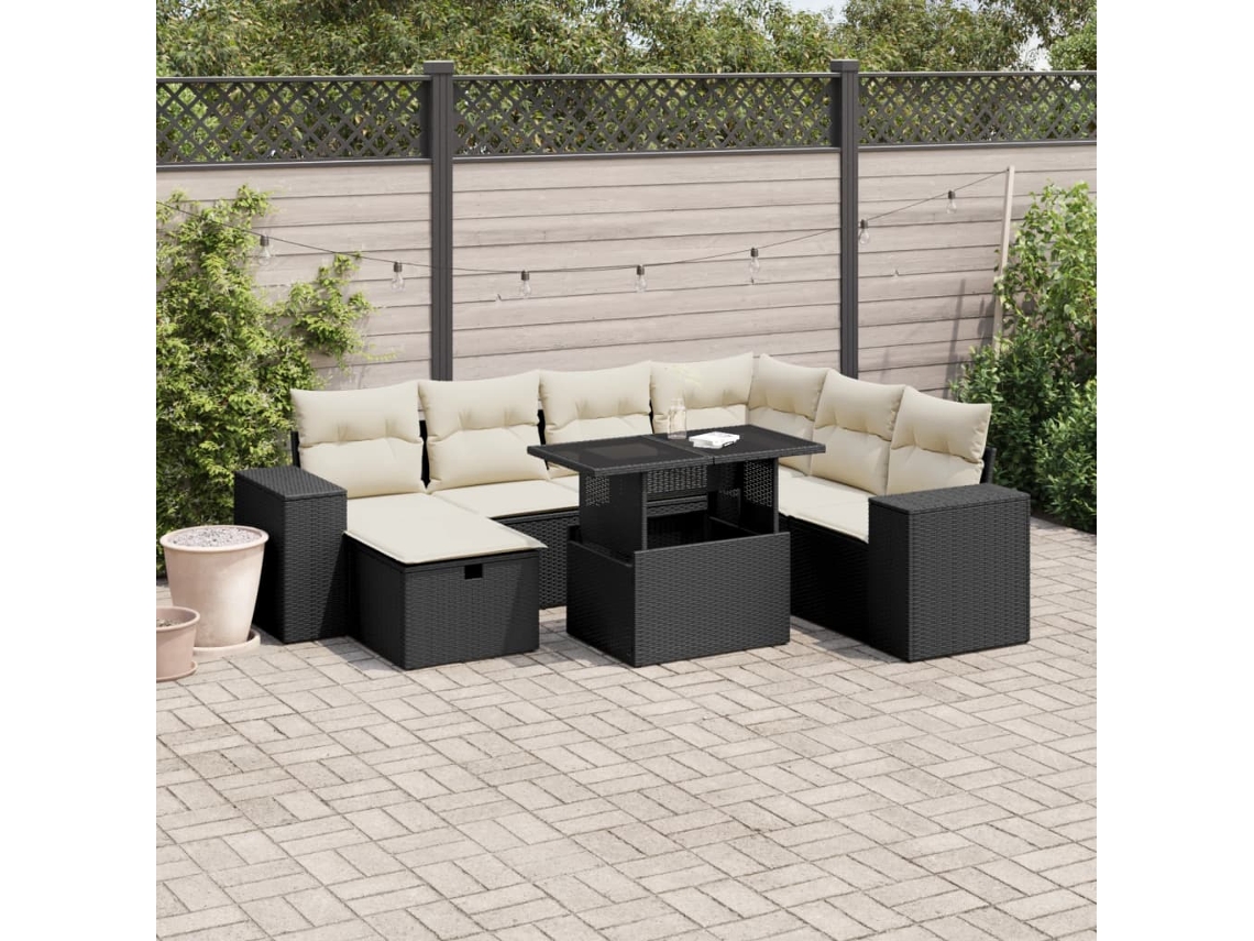 Conjunto de 8 sofás de jardín con cojines de mimbre sintético negro, Dkd Home Decor