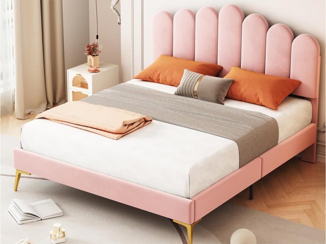 Cama Tapizada De Terciopelo 140x200cm Con Somier De Láminas - Cabecero Ajustable - Rosa