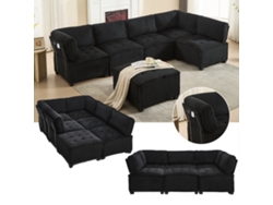 Sofá Modular 308 cm, 6 Plazas, Terciopelo Cotelé, Ergonómico, Bolsillos, Convertible U/L/Sofá-Cama, Madera y Metal, Montaje Fácil – Negro
