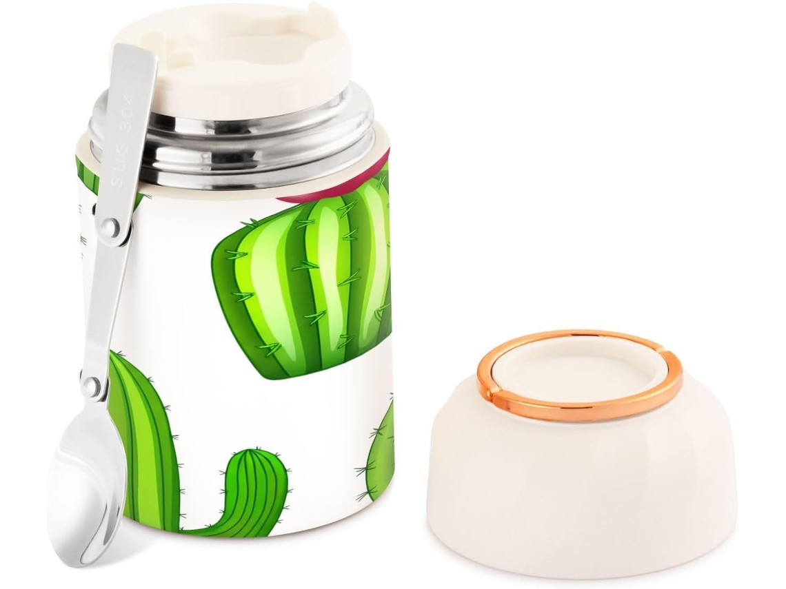 Tarro térmico de acero inoxidable con diseño de cactus verde, 500 ml, sin marca.