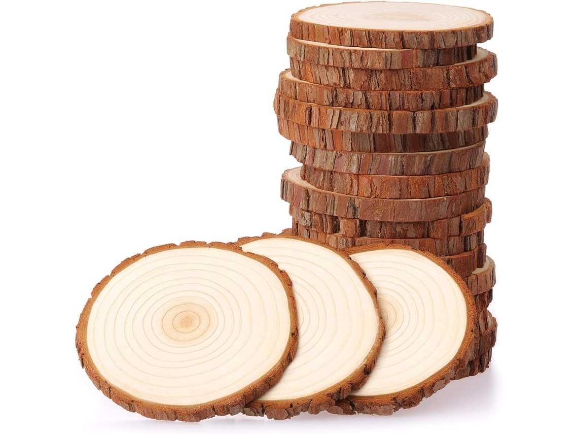 Rodajas de madera natural sin terminar, círculos de madera con corteza para manualidades creativas, calidad garantizada, superficie lisa.