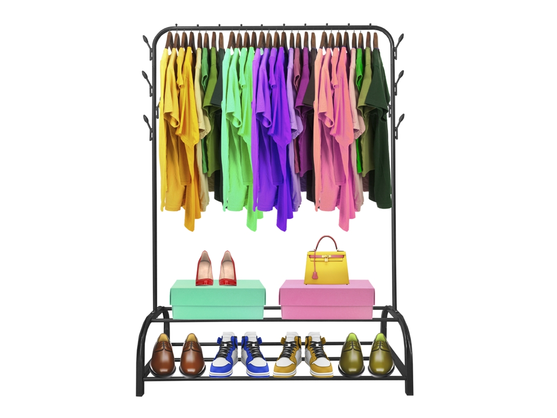 Perchero Burro Premium Rack 2 Stand NYANA Home 158x110x39cm, 1 barra para colgar, 8 ganchos laterales, 2 baldas inferiores Negro.