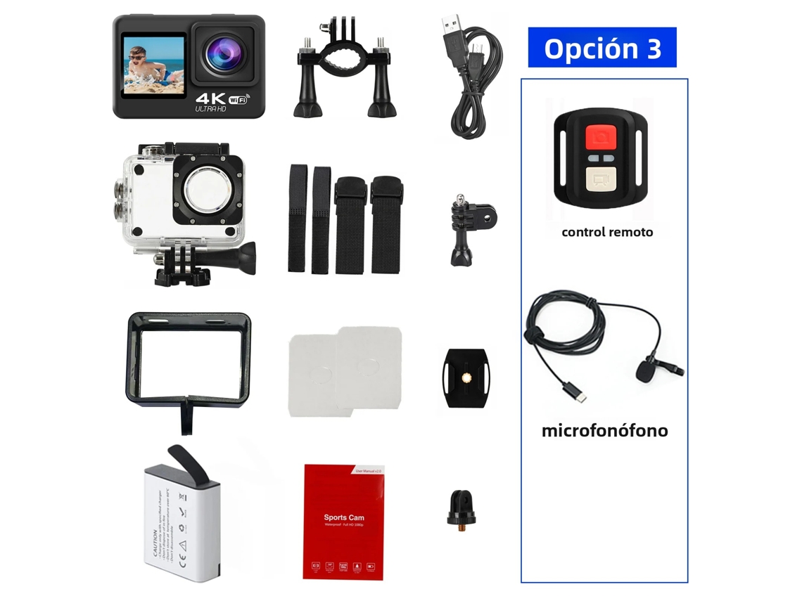 (opción 3) Cámara De Acción 4k 30fps, Pantalla De 2.0 Pulgadas, Wifi Y Control Remoto, Resistente Al Agua.