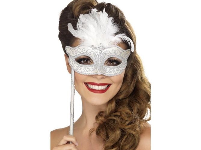 Máscara DISFRAZZES Veneciano De Mano Plateado Con Plumas (Talla: Talla Universal)
