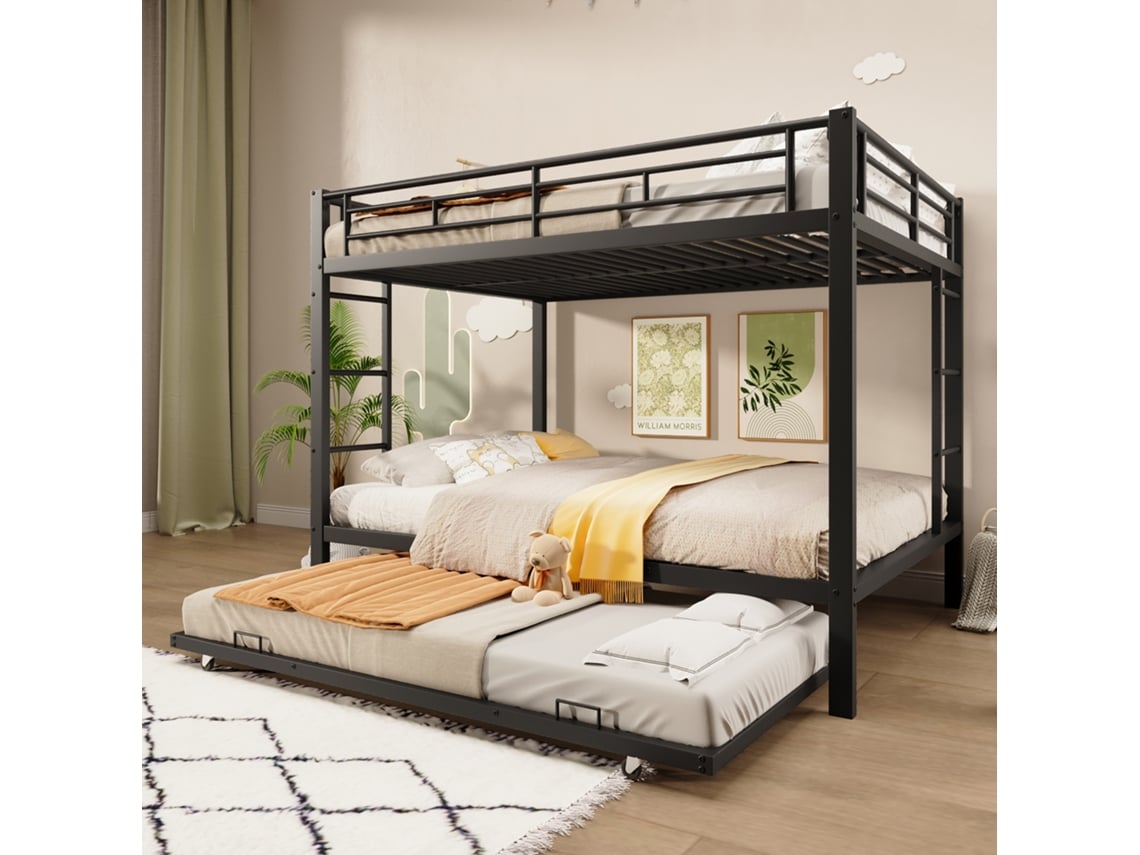 Litera De 140x200 Cm Con Cama Nido, Estructura Metálica Robusta, Barandilla De Seguridad Alta, Colchón No Incluido, Color Negro.