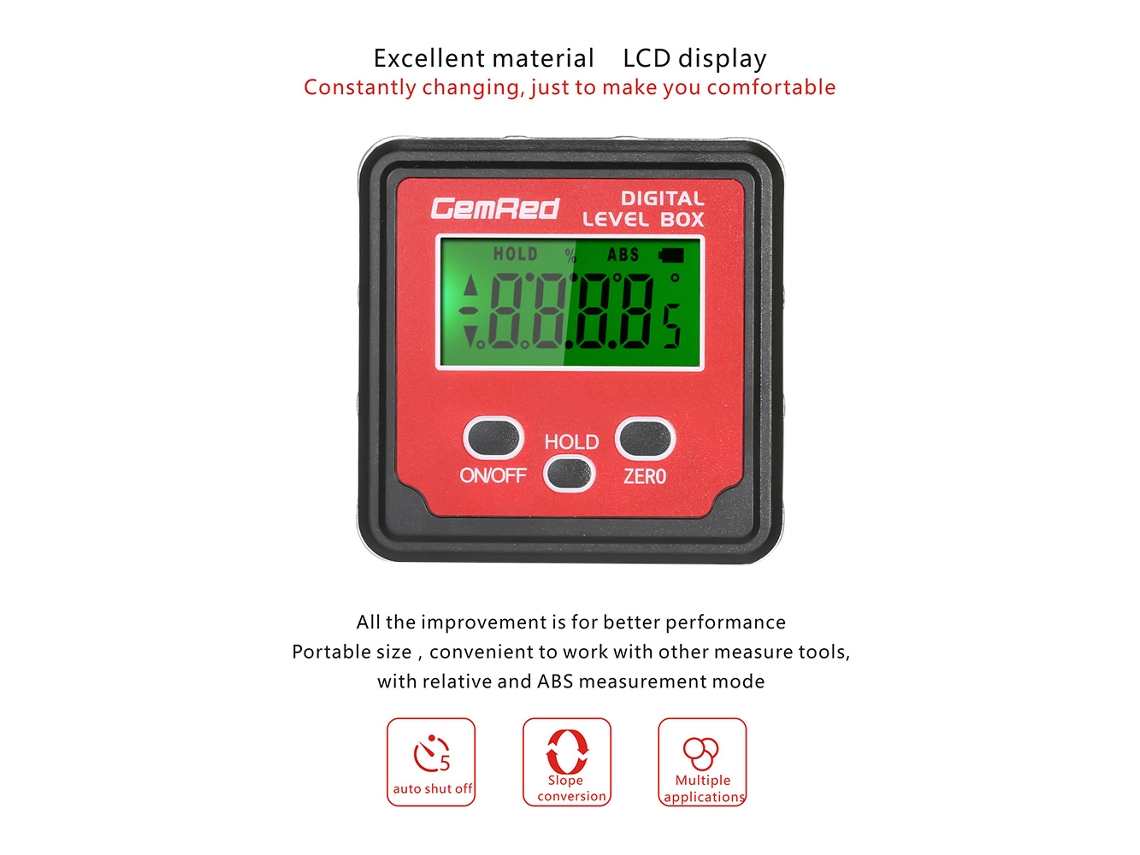 Nivel Digital Gemred Con Base Magnética, Medidor De Ángulo Y Buscador Para Carpintería Y Construcción.