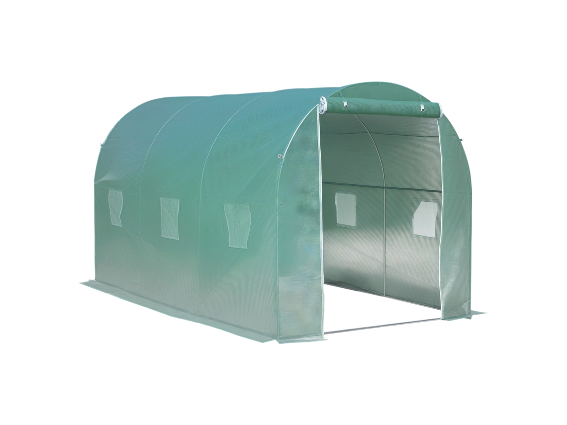 Invernadero, superficie 8 m², 4 l x 2 l x 2,05 h, estructura tubular reforzada, puerta con cremallera, 6 ventanas enrollables, color verde.