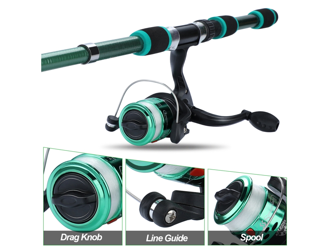 Greenzanlure Combo Caña Carrete Pesca Giratorio 1.8m Telescópica 52:1 3bb Freno 5kg Kit Completo Verde