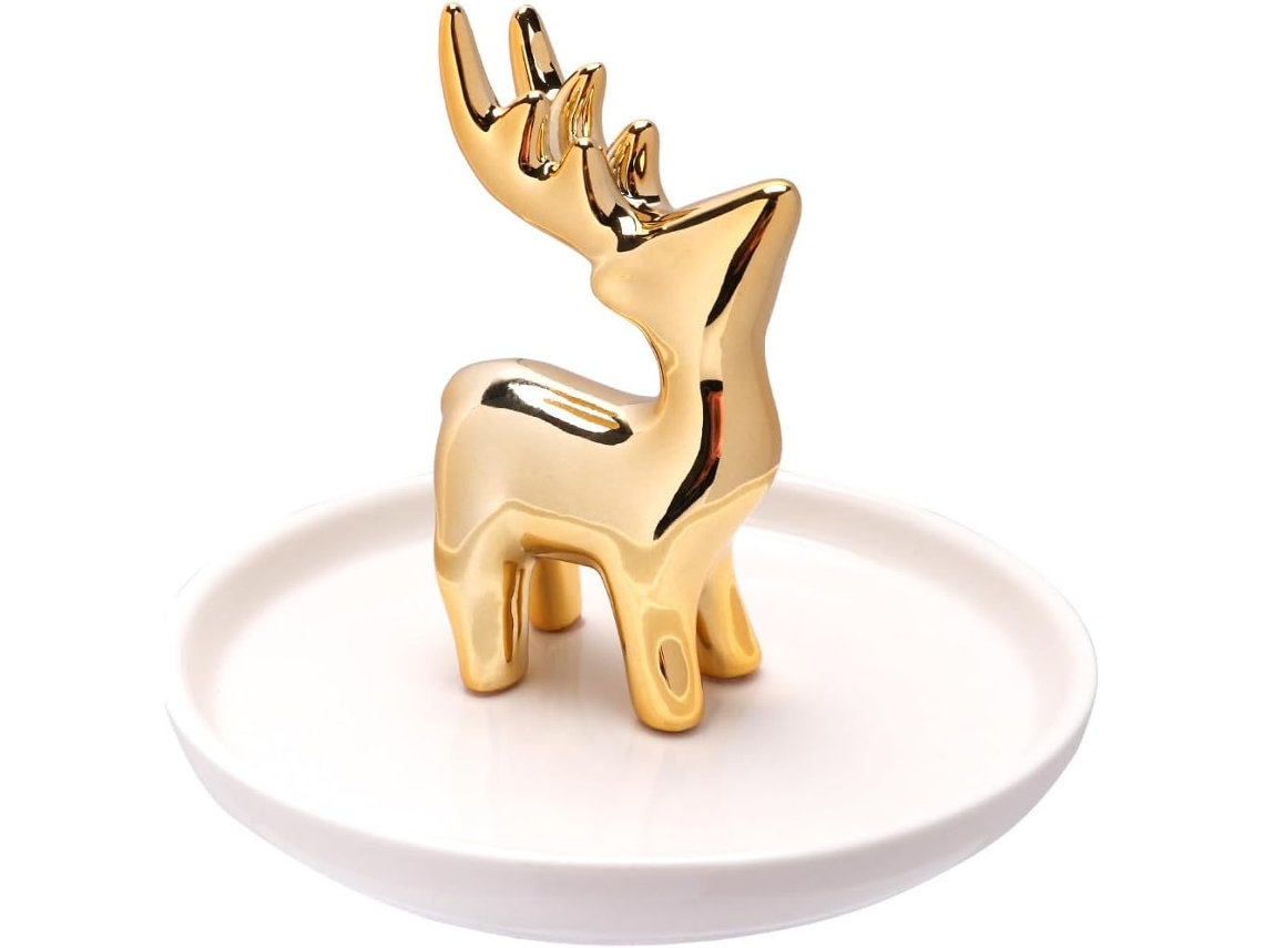 Bandeja Joyería Cerámica Blanca Diseño Ciervo Dorado Soporte Decorativo Anillos Guardar Pulseras Collares