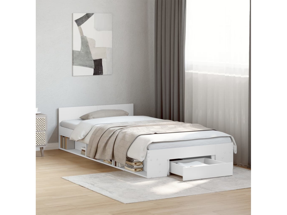 Cama Con Cajón Madera De Ingeniería Blanca 90x200 Cm